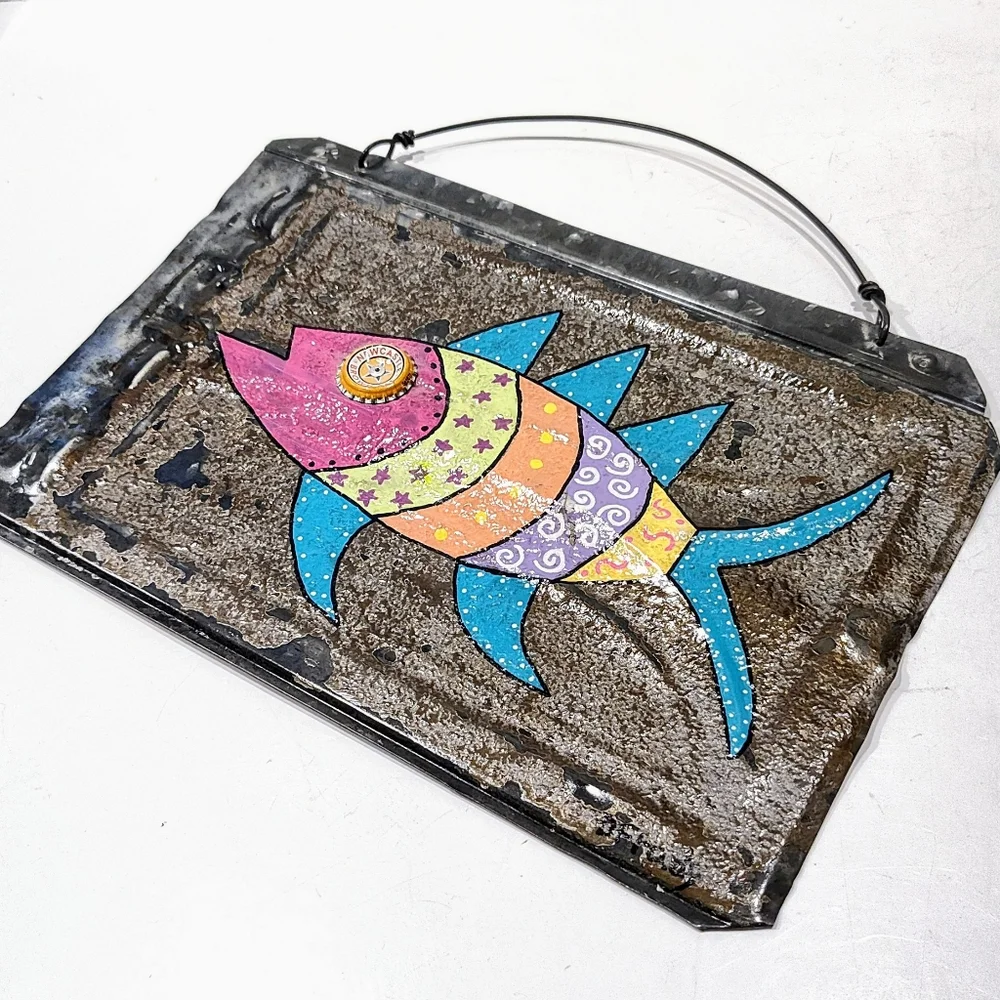 Fish Folk Art Metal 14x9½ Painting by D Frady Whimsical Hanging Sign Bottle Cap